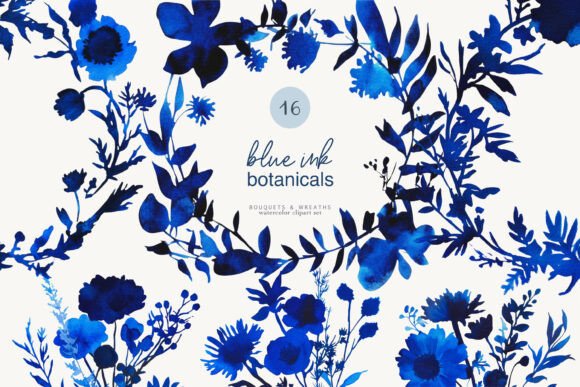 Download Ink Blue Botanicals Watercolor Clipart - Botanical Collection