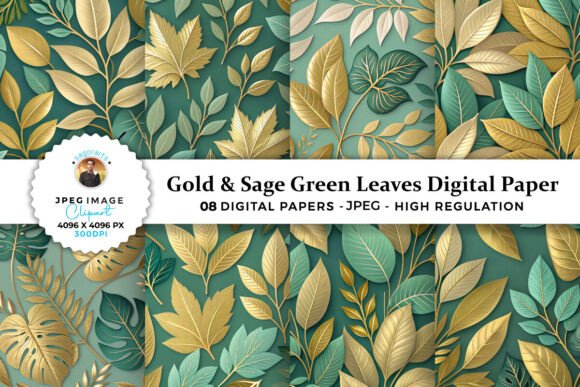 Download Gold &amp; Sage Green Leaves Digital Paper - Leaves Collection