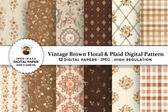 Download Brown Floral &amp; Plaid Digital Patterns - Pattern Collection